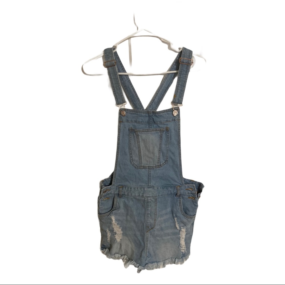 2Sable Distressed Raw Frayed Hem Denim Overalls